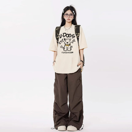 大码胖mm卡通印花杏色短袖t恤女夏季美式慵懒风显瘦宽松半袖上衣