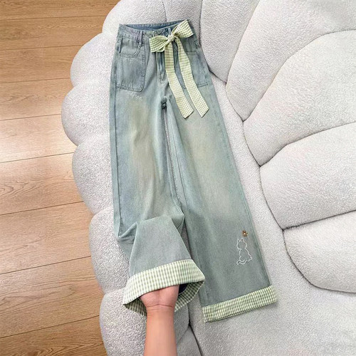 特大码女装胖mm设计感撞色牛仔裤