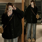 特大码 胖mm黑色羊羔毛加厚保暖棉服女冬季 洋气独特别致小棉袄外套