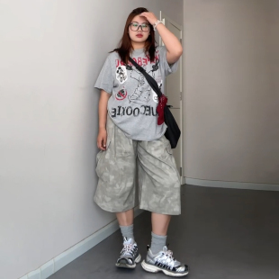 大码女装胖mm高级感工装牛仔短裤女夏季新款时尚百搭阔腿七分裤子