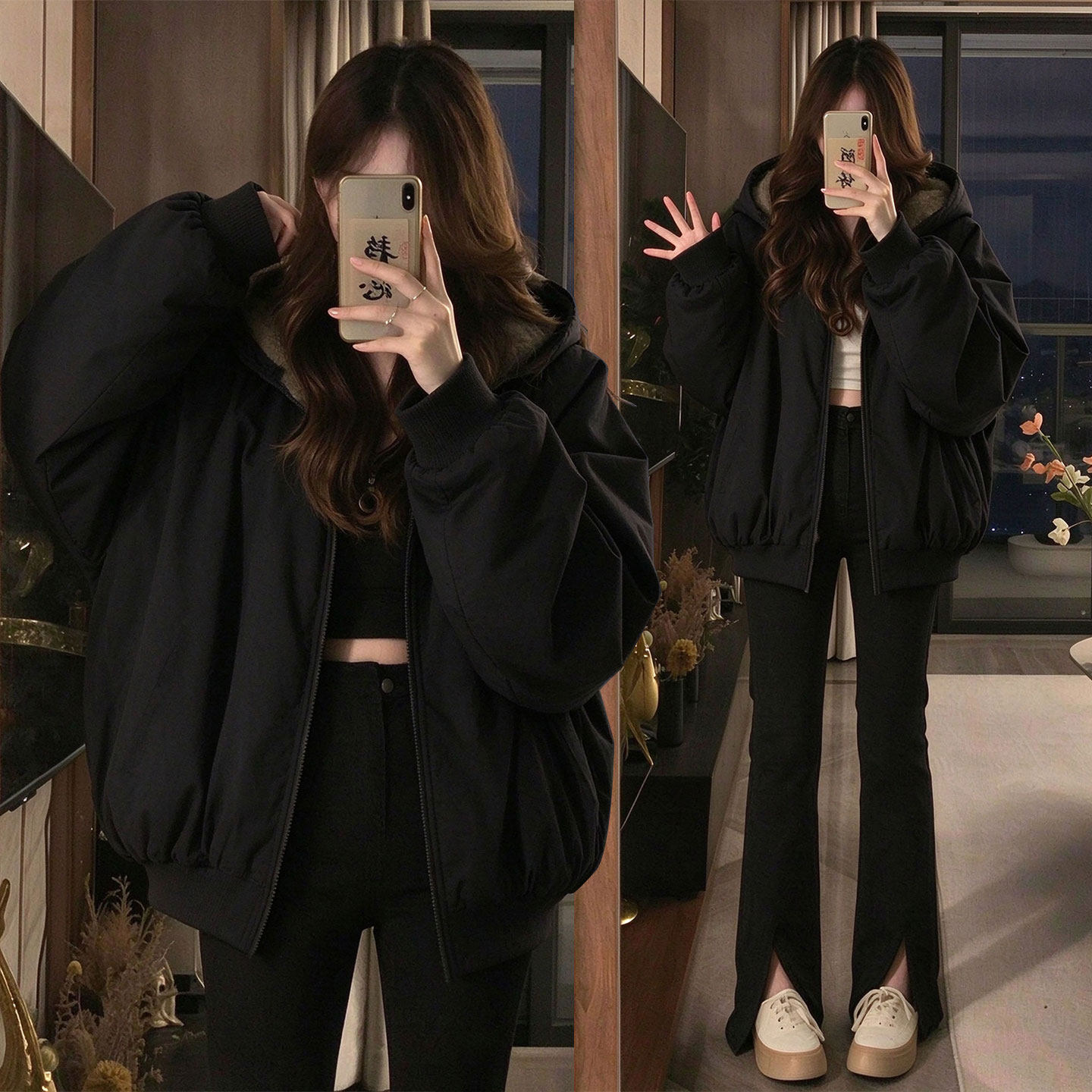 大码女装黑色百搭毛绒连帽棉服女胖mm甜酷风时尚休闲加厚保暖外套