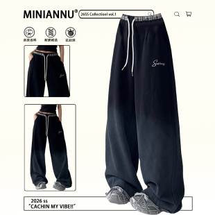 女装 甜酷风宽松休闲卫裤 胖mm黑色高街渐变直筒裤 美式 女春季 特大码