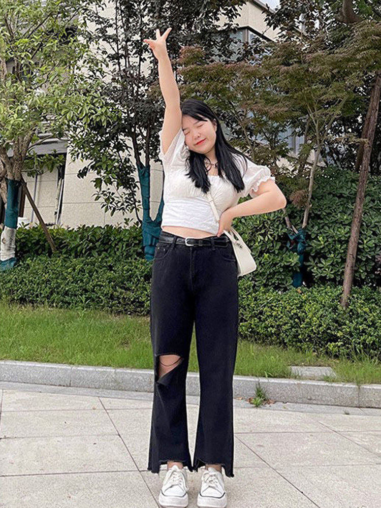 300 POUNDS EXTRA LARGE SIZE WOMENS CLOTHING THIN CROTCH BLACK CROPPED JEANS WOMENS FAT MM LOOSE INS RIPPED STRAIGHT PANTS