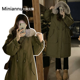 棉服 加厚保暖中长款 特大码 胖mm设计感ins减龄连帽毛绒外套女冬季