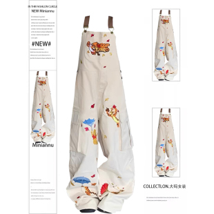 连体裤 大码 女胖mm松弛感工装 甜酷风卡通刺绣阔腿牛仔背带裤 子 美式