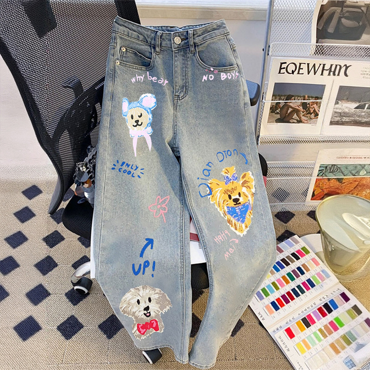 300斤大码女装蓝色卡通印花牛仔裤女胖mm设计感复古百搭阔腿裤子,女装/女士精品,大码裤装,淘宝优惠券,粉丝福利购,淘宝优惠卷