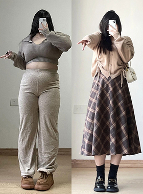 大码女装格子半身裙女复古长裙胖mm显瘦a字伞裙毛呢裙子高腰半裙
