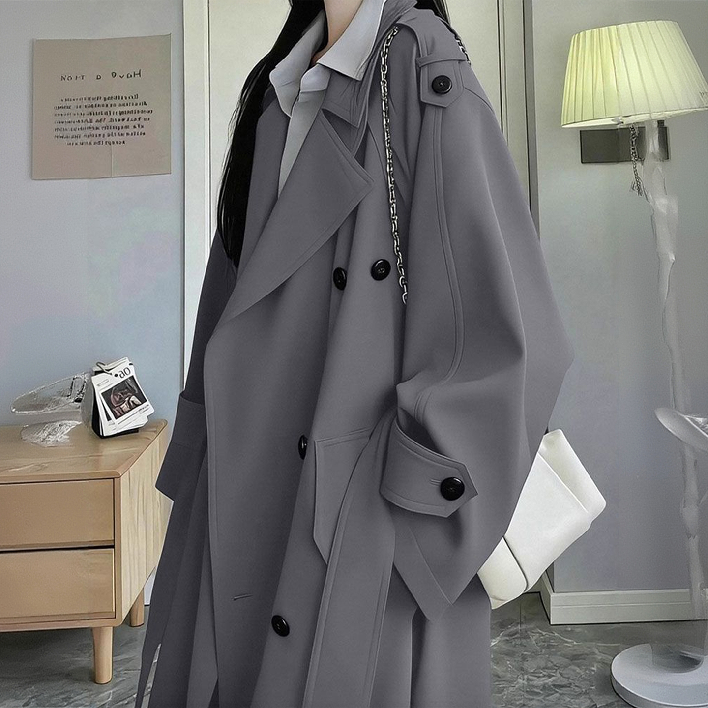 大码女装灰色百搭显瘦风衣外套女胖mm高级感英伦风双排扣中长大衣