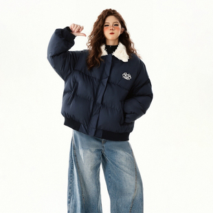 加厚宽松显瘦学生夹棉外套 蓝色羊羔毛领羽绒棉服女冬季 特大码 女装