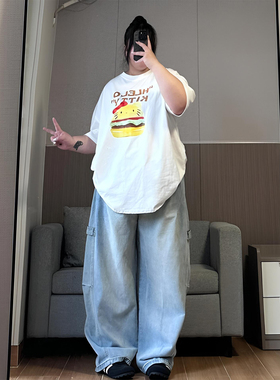 胖mm大码蓝色休闲百搭阔腿牛仔裤女美式高街设计感工装弯刀长裤子