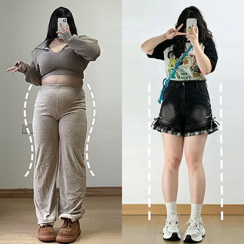 大码女装胖mm黑色格子拼接短裤女