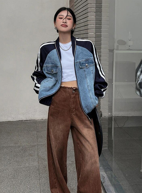 3000斤大码美式高街条纹拼接牛仔外套女胖mm潮酷百搭休闲风棒球服