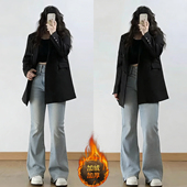 胖mm特大码 子 女复古辣妹风弹力设计微喇裤 女装 蓝色加绒加厚牛仔裤