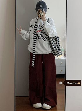 300斤大码胖mm安可拉红牛仔裤女秋季新款ins裤子宽松显瘦阔腿长裤