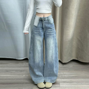 穿搭高腰直筒休闲百搭长裤 胖mm特大码 女春季 蓝色阔腿牛仔裤 子 女装