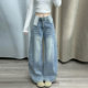 穿搭高腰直筒休闲百搭长裤 胖mm特大码 女春季 蓝色阔腿牛仔裤 子 女装