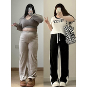 胖mm黑色直筒运动裤 女夏季 2025新款 300斤大码 显瘦垂感休闲裤 子女