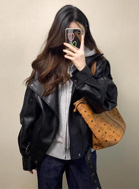 大码女装胖mm黑色遮肉显瘦皮衣外套女秋季高街时尚百搭夹克上衣潮