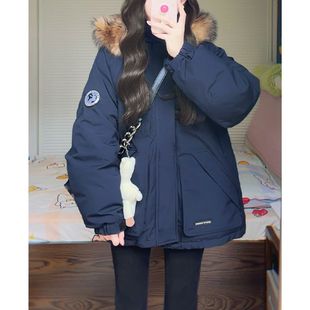 派克服女胖mm冬季 藏蓝色加厚工装 连帽棉服外套女 女装 300斤特大码