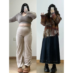 胖mm特大码 毛边复古牛仔半身裙女春秋裙子高腰显瘦a字中长裙 女装