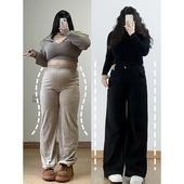 宽松加绒阔腿裤 胖mm高街复古牛仔裤 子 女装 黑色长裤 女秋冬新款 大码