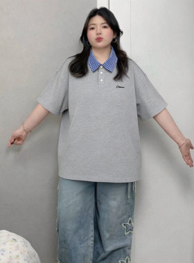 胖mm大码女装学院风格子翻领短袖T恤女通勤穿搭显瘦遮肉百搭上衣