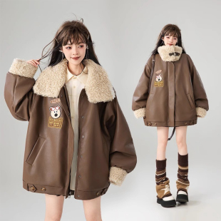 加厚羊羔绒咖色皮衣外套女胖mm韩系夹棉保暖棉衣棉服 美式 大码 女装