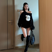 黑色辣妹风斜肩上衣女卡通小狗贴布设计感露肩针织衫 胖mm大码 女装