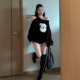黑色辣妹风斜肩上衣女卡通小狗贴布设计感露肩针织衫 胖mm大码 女装