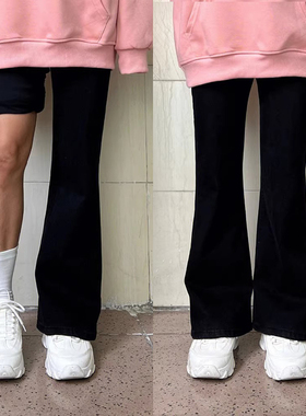 胖mm大码女装美式微喇牛仔裤女春季新款学生弹力黑色显瘦喇叭裤子