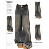 女装 复古水洗做旧阔腿牛仔裤 女2025新款 特大码 宽松显瘦加绒休闲裤