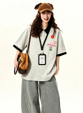 胖mm特大码女装学院风灰色刺绣短袖t恤女宽松休闲百搭遮肚子上衣