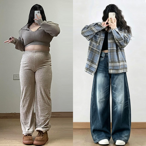 大码胖mm设计感高腰弯刀牛仔裤女