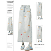 大码 胖mm后开叉设计牛仔半身裙女复古卡通小狗刺绣a字包臀中长裙