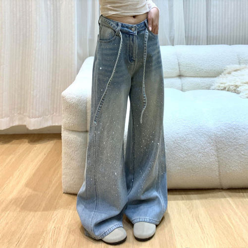 300斤大码高街烫钻阔腿牛仔裤女