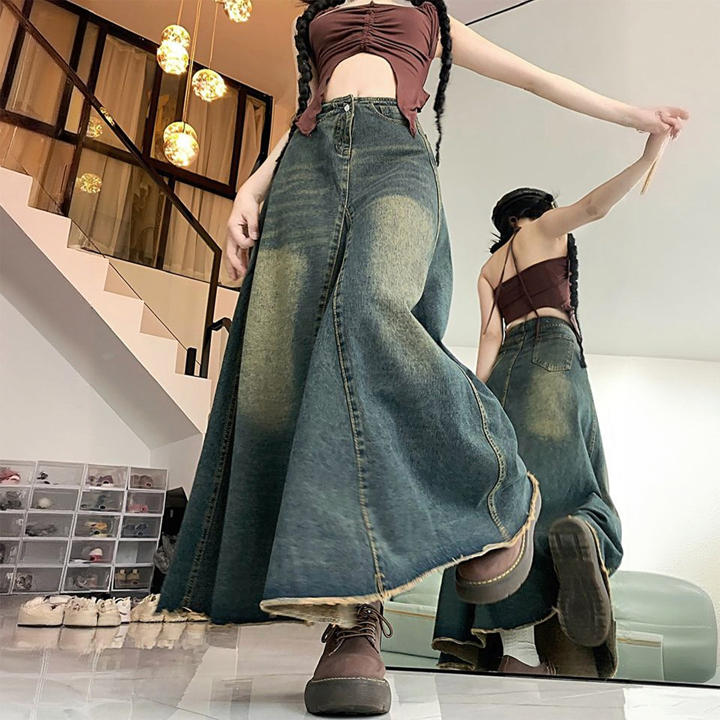 胖mm韩版宽松牛仔半身裙女新款大码中长款美式穿搭a字鱼尾大摆裙,女装/女士精品,大码半身裙,淘宝优惠券,粉丝福利购,淘宝优惠卷