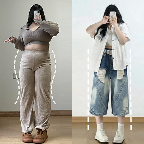 大码女装胖mm水洗做旧直筒裤子女