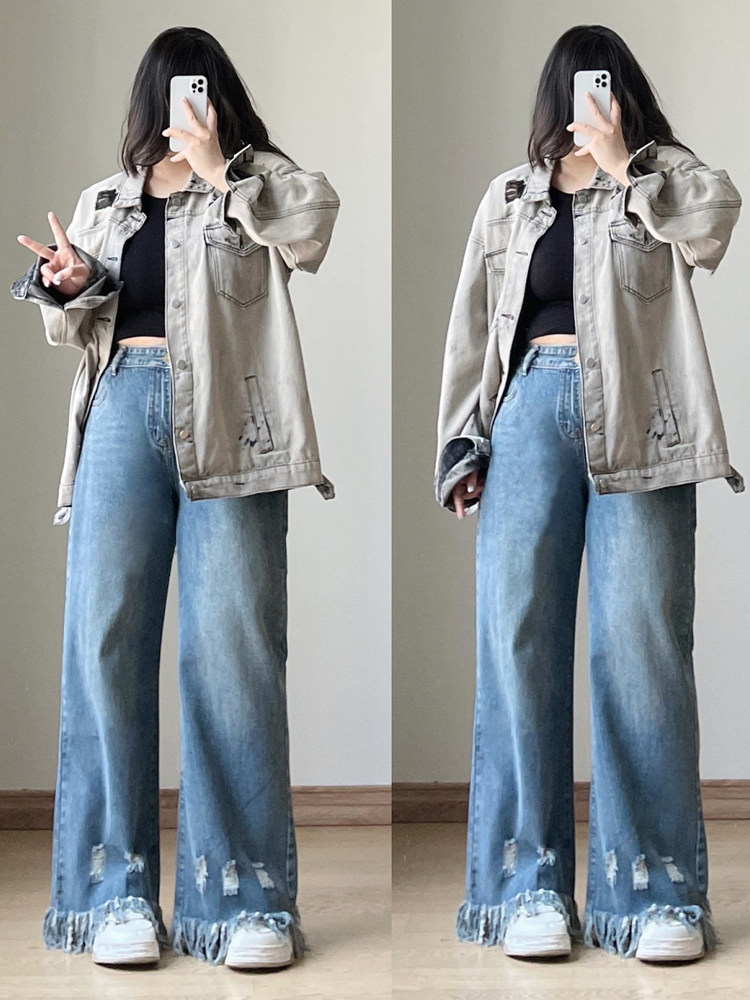 OVERSIZED FAT MM RIPPED TASSEL STRAIGHT-LEG PANTS WOMENS AUTUMN AND WINTER NEW ELASTIC WAIST LOOSE THIN WIDE-LEGGED LONG PANTS