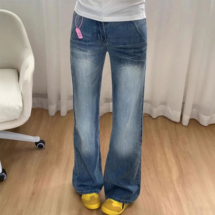 穿搭显瘦直筒裤 大码 女胖mm辣妹风美式 蓝色慵懒休闲风牛仔裤 子 女装