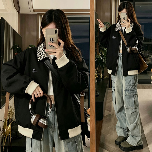特大码胖mm美式奶牛纹翻领夹克女