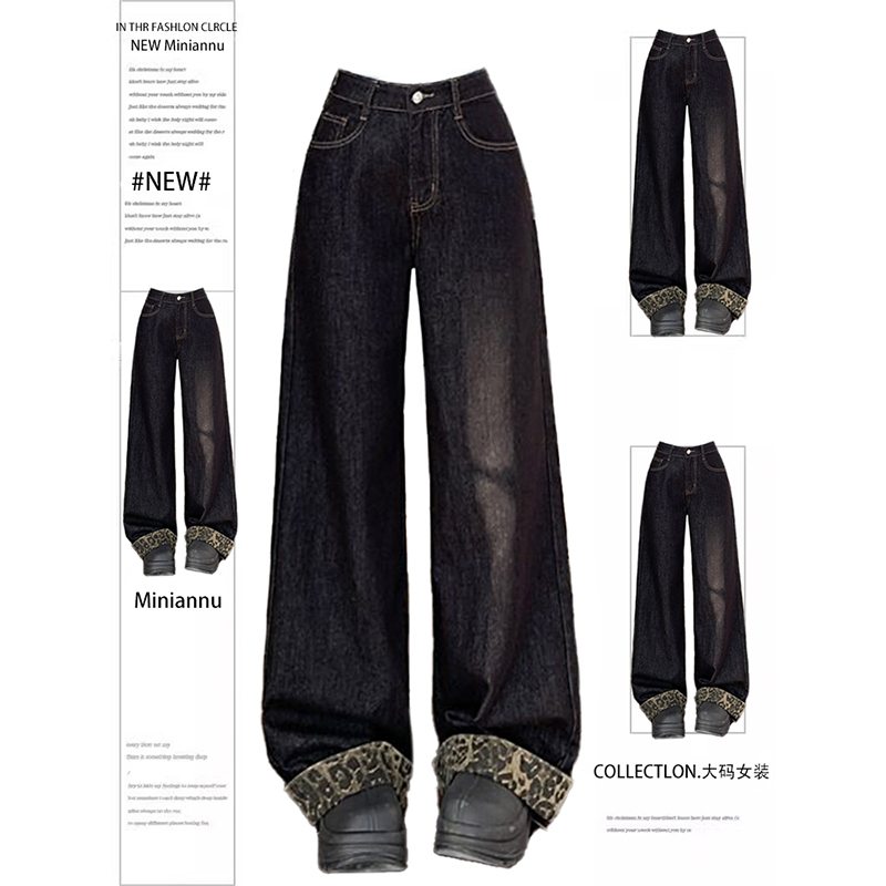 特大码设计感豹纹卷边显瘦长裤女