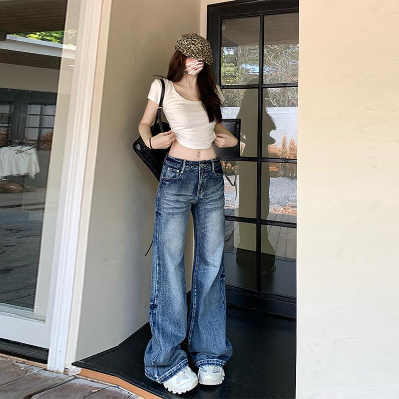 大码女装高腰遮胯设计感牛仔女裤