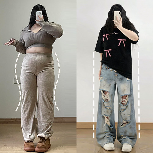 胖mm特大码女装复古做旧破洞裤女