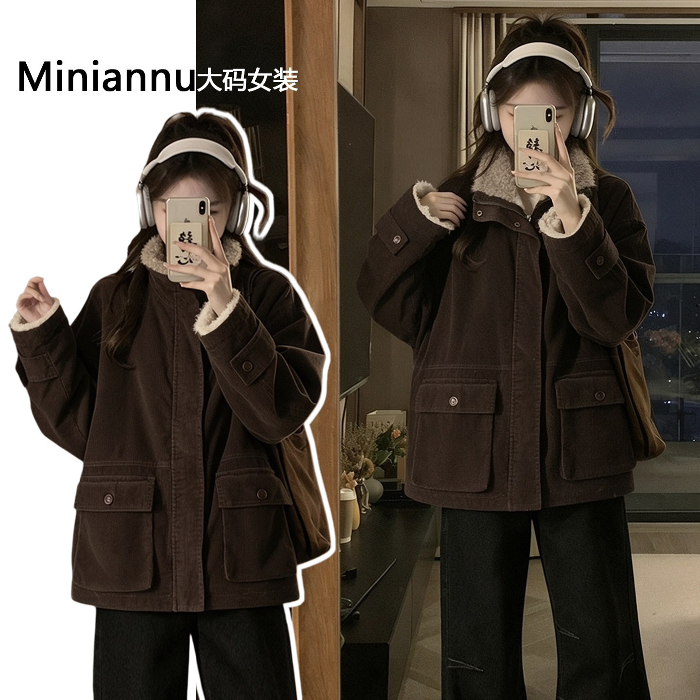 特大码女装复古灯芯绒工装棉服女秋冬胖mm咖啡色休闲宽松棉衣外套