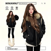 300斤大码 毛绒绒外套潮 保暖复古时尚 女装 胖mm黑色加厚棉服女冬季