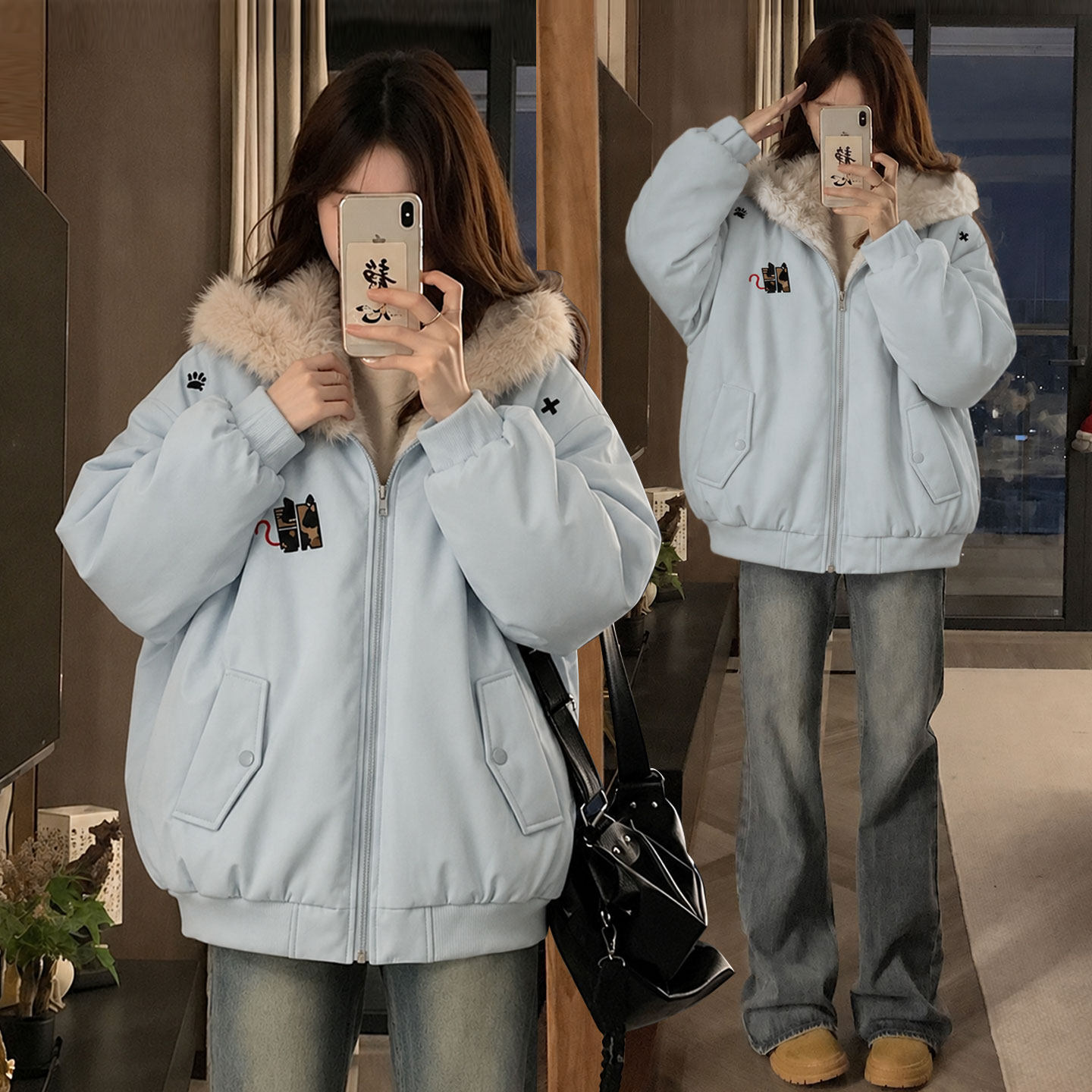 特大码女装蓝色豹纹耳朵座山雕棉服女胖mm学院风百搭加厚棉衣外套