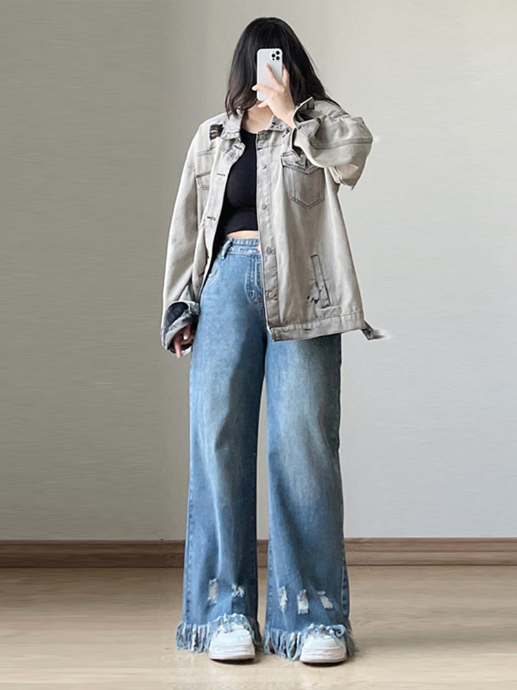 OVERSIZED FAT MM RIPPED TASSEL STRAIGHT-LEG PANTS WOMENS AUTUMN AND WINTER NEW ELASTIC WAIST LOOSE THIN WIDE-LEGGED LONG PANTS