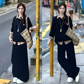 百搭长袖 300斤特大码 时尚 卫衣女胖mm韩系格子拼接设计假两件上衣