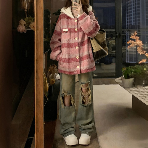 300斤特大码宽松百搭格子棉衣女