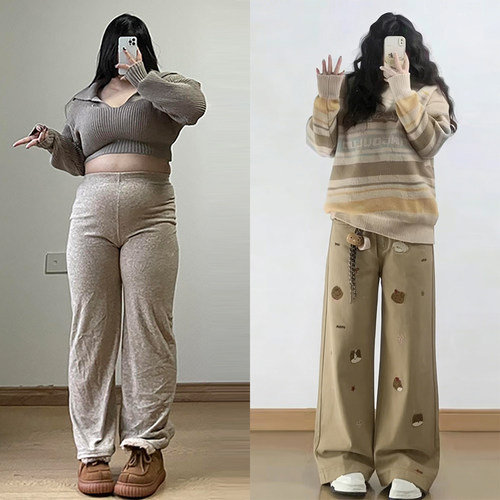 大码胖mm韩系穿搭卡通刺绣长裤女